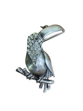 Vintage Silver Tone Toucan Brooch with Clear Crystal Accents